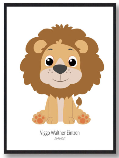 Navneplakat med dyr: Løve illustration i børnevenligt design. Perfekt som navnetavle til børneværelset. Køb din personlige plakat nu!