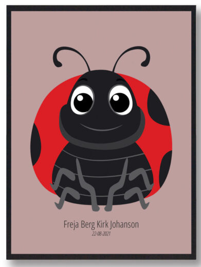 Mariehøne navneplakat med sød mariehøne illustration. Perfekt børneplakat, der kan personliggøres med navn og dato. Fin gaveidé!