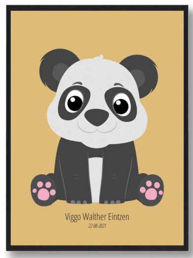 Navneplakat med dyr: Panda illustration i sort ramme. Sødt design til børneværelset med personligt navn og dato.