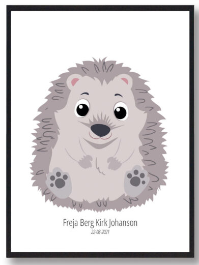 Sød pindsvin navneplakat med personligt navn. Perfekt børneplakat til børneværelset i lysegrå nuancer. Navnetavle med dyr.