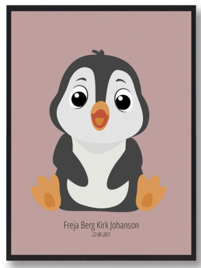 Sød navneplakat med dyr, en pingvin, til børneværelset. Personliggør med navn og dato. Perfekt gaveidé!