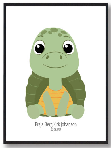 Sød skildpadde navneplakat. Farver: Grøn, gul. Perfekt til børneværelset. Personlig navnetavle med dyremotiv.