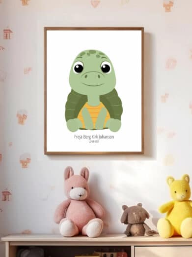 Sød skildpadde navneplakat. Grøn skildpadde illustration med navn og dato. Perfekt til børneværelset!