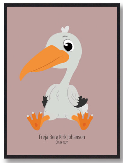 Sød navneplakat med dyr, en stork, på rosa baggrund. Perfekt børneplakat og navnetavle til børneværelset.