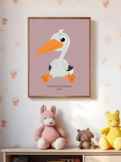 Navneplakat med dyr: En sød navnetavle med en stork, perfekt til børneværelset. Se detaljerne på plakaten her!
