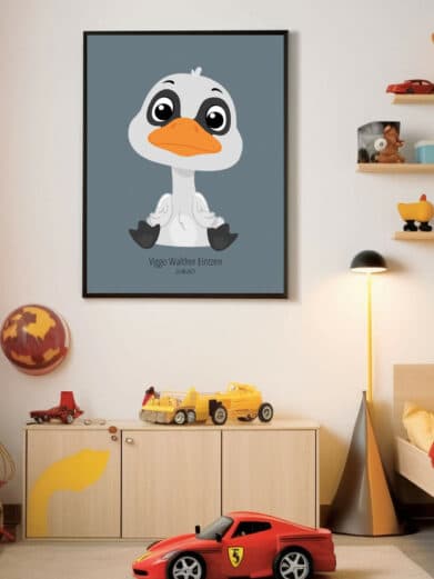 Sød navneplakat med dyr viser en hvid svane med store øjne på grå baggrund. Perfekt børneplakat til et personligt touch.