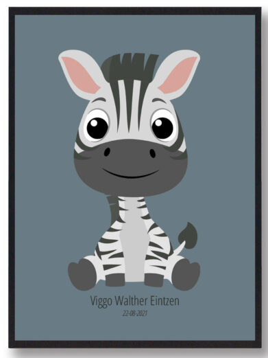 Navneplakat med dyr: Sødt zebra design. Perfekt til børneværelset. Personliggør med navn og dato. Flot gaveidé!