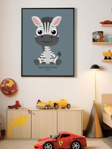 Navneplakat med dyr: Sødt zebra motiv i grå farver. Perfekt til børneværelset. Køb din personlige navnetavle nu!