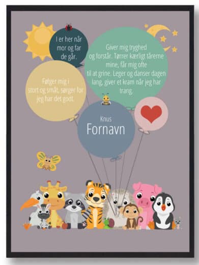 Sød vuggestueplakat med navn og dyr. Perfekt som gaveidé til dagpleje. Farverig og børnevenlig illustration.