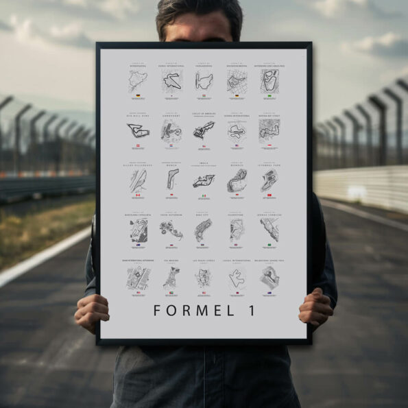 Formel 1 baner lys plakat. Grå baggrund med illustrationer af racerbaner. Perfekt gave til Formel 1 fans.