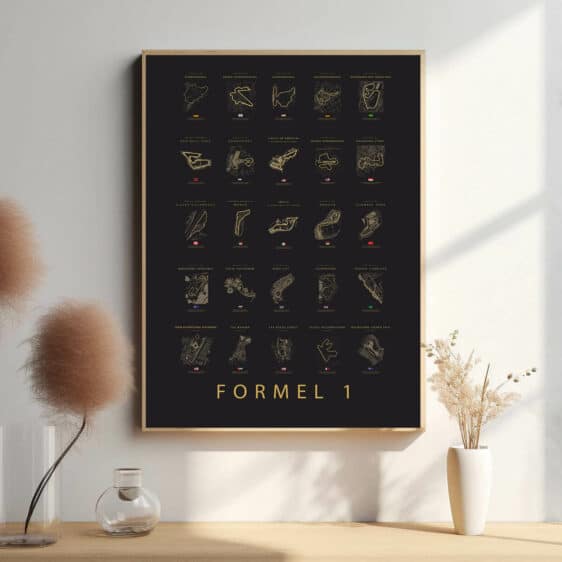 Stilfuld Formel 1 baner plakat. Sort baggrund med lyse guld detaljer. Ideel som gave. Fås nu på tilbud!