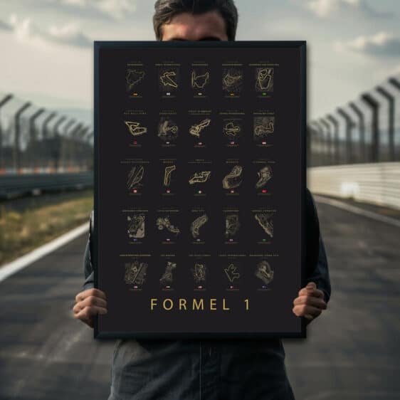Formel 1 baner lys plakat. Sort baggrund med guld detaljer. Perfekt gave til far eller bror. Detaljeret illustration af racerbaner.