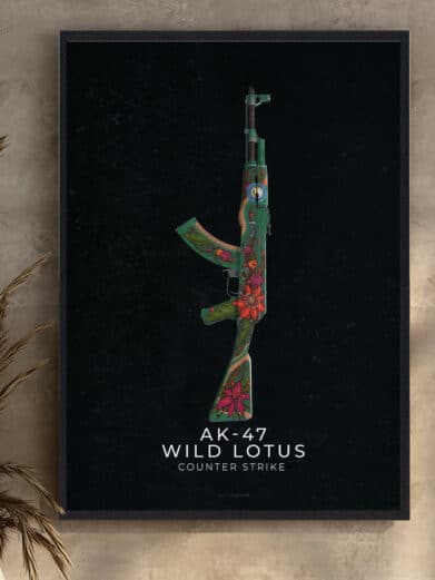 AK-47 Wild Lotus CS:GO gamerplakat. Sort baggrund, grøn riffel med blomsterdetaljer. Perfekt til Counter-Strike fans!
