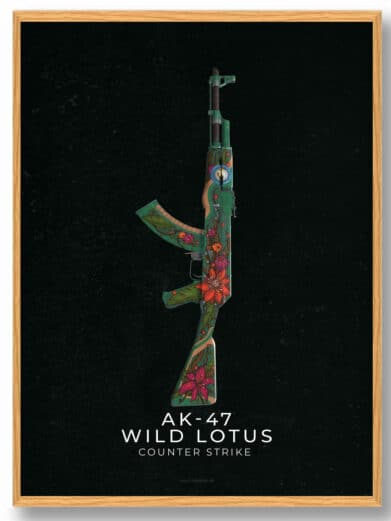 AK-47 Wild Lotus gamer plakat. Grøn rifle med blomsterdetaljer på sort baggrund. Counter-Strike kunst til gaming værelset.