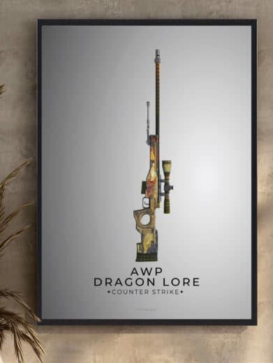 AWP Dragon Lore gamerplakat. Counter-Strike kunst i grå toner. Detaljeret våbenillustration, perfekt til gamer-værelset. På tilbud!