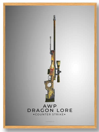 AWP Dragon Lore CS gamer plakat. Detaljeret Counter-Strike motiv i grå ramme. Et must-have for gamere! ON SALE nu.