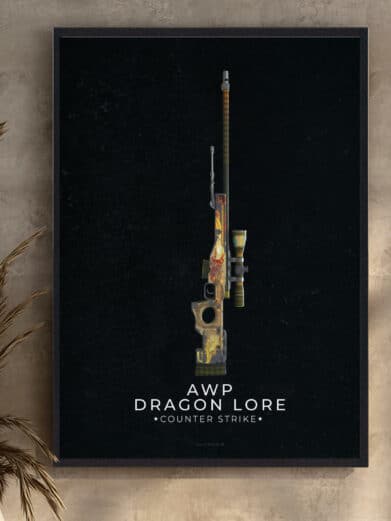 AWP Dragon Lore Counter-Strike plakat. Sort baggrund med detaljeret Dragon Lore rifle illustration. Populær gamer plakat på tilbud!