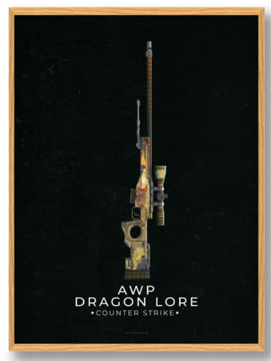 AWP Dragon Lore CS:GO gamerplakat. Sort baggrund, guld og røde detaljer. Perfekt til Counter-Strike fans.