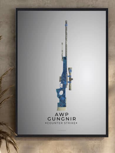 AWP Dragon Lore CS gamerplakat. Blå rifle illustration i ramme. Ideel til Counter-Strike fans. Rabat!