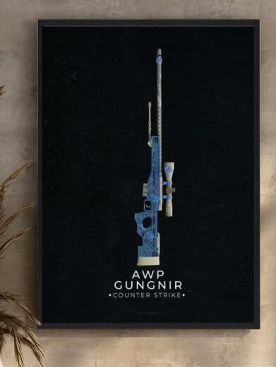 AWP Dragon Lore gamerplakat. Blå og sølv Counter-Strike motiv på sort baggrund. Moderne stil, ideel til gamerværelset. På tilbud!