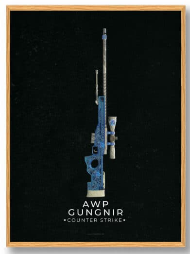 AWP Dragon Lore CS gamerplakat. Sort baggrund, detaljeret blå AWP Gungnir design. Perfekt til Counter-Strike fans.