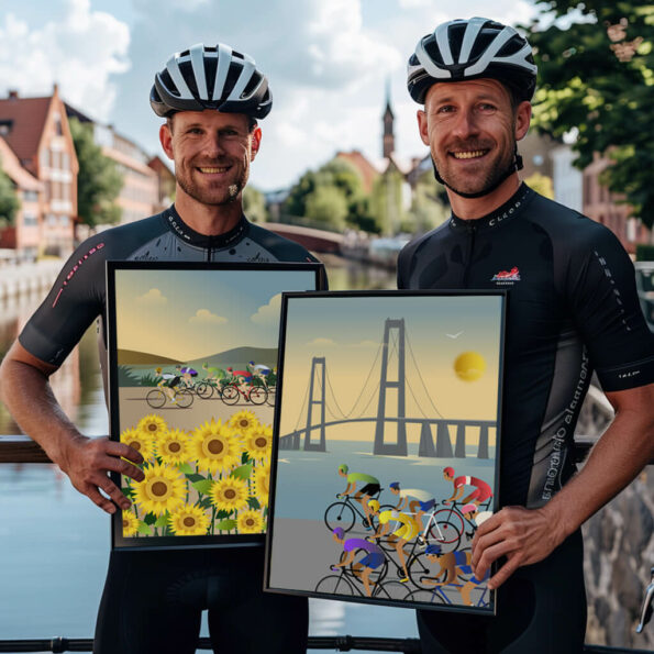 Cykelplakater til hjemmet. To smilende cykelryttere viser kunst med cykelmotiver. Boligplakater.