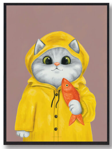 Kat i regnjakke - lyserød katteplakat