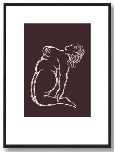 Yoga plakat med brun baggrund viser kvinde i stræk. Croquis line art stil, ideel til boligindretning. Kunstnerisk og afslappende.