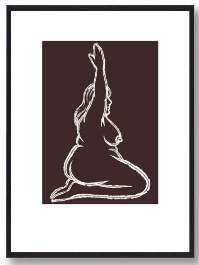 Yoga plakat: Brun baggrund med hvid stregtegning af kvinde i udstrækning. Minimalistisk kunst til boligen.