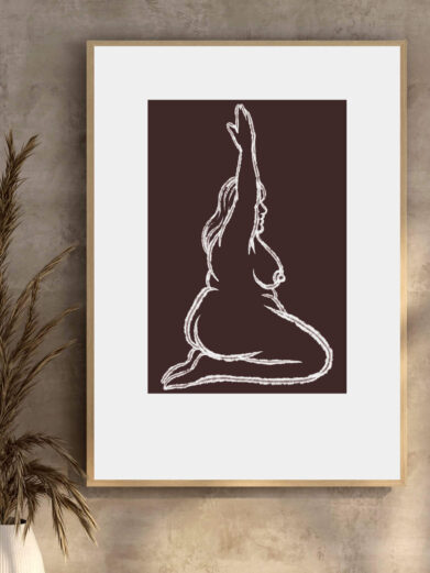 Yoga plakat med brun baggrund. Kvinde i strækpositur, tegnet med hvide linjer. Elegant line art design.