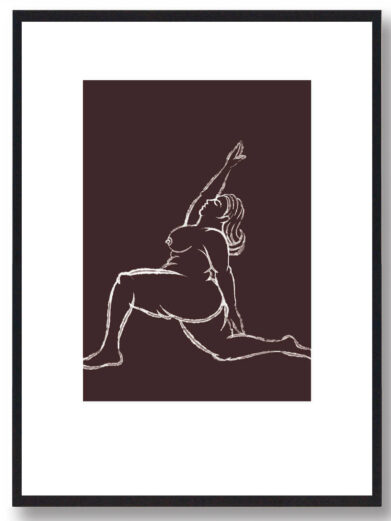 Brun Yoga plakat med kvinde i stræk. Line art croquis plakat til boligen. Minimalistisk kunst.