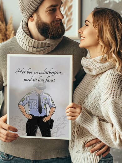 Her bor en politibetjent... plakat (mand). Hvid ramme, tegnet politimand. Perfekt boligplakat til politibetjenten!