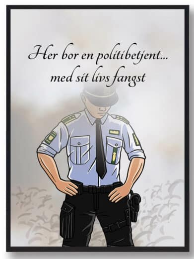 Her bor en politibetjent... plakat (mand). Stilfuld boligplakat med en tegnet politimand. Perfekt gaveidé til politibetjenten.