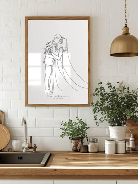 Bryllupsplakat med brudepar stregtegning. Elegant og personlig gaveidé til bryllup eller kobberbryllup. Minimalistisk design.