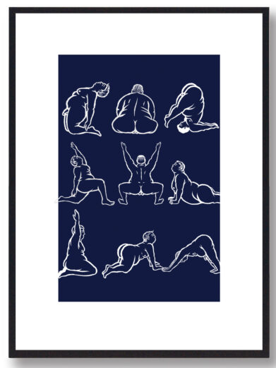 Yoga plakat - mand i yogastillinger (blå)