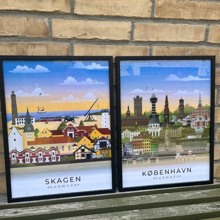 To byplakater i flotte farver med hhv. Skagen og København