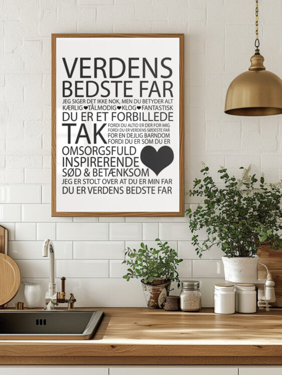Stilfuld 'Verdens bedste far' plakat i træramme. Sort tekst på hvid baggrund. Perfekt gave til fars dag. Minimalistisk design.