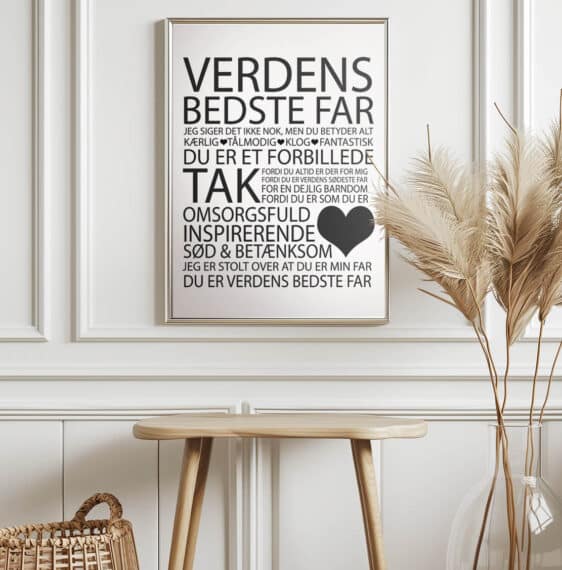 Stilfuld 'Verdens bedste far' plakat. Sort tekst på hvid baggrund i sølvramme. Perfekt fars dags gave, nu på tilbud!