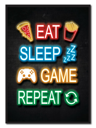 Eat, sleep, game, repeat - neon blå gamerplakater