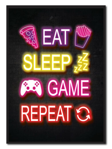 Eat, sleep, game, repeat - neon gamerplakater