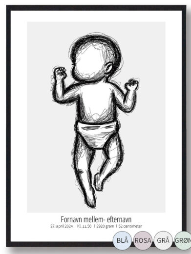Fødselsplakat med kruset streg. I centrum er en baby med letbøjet ben og armene afslappede, mens det sover