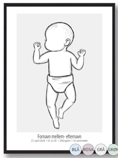Fin fødselsplakat med en baby, der ligger på ryggen. Babyen har et let bøjet ben og armene ud til siden ud for hovedet