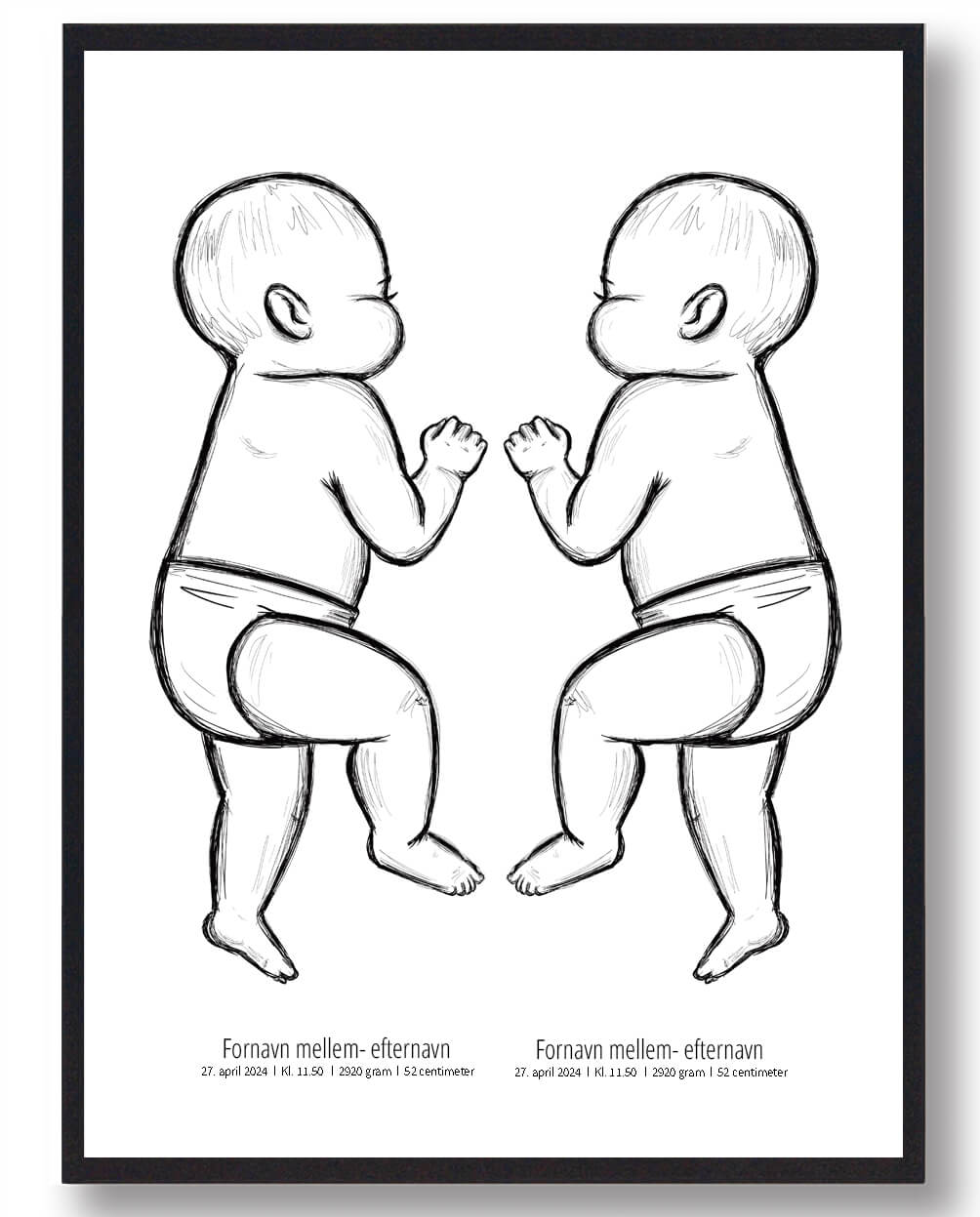 1:1 Fødselsskitse Med 2 Børn Simpel Streg