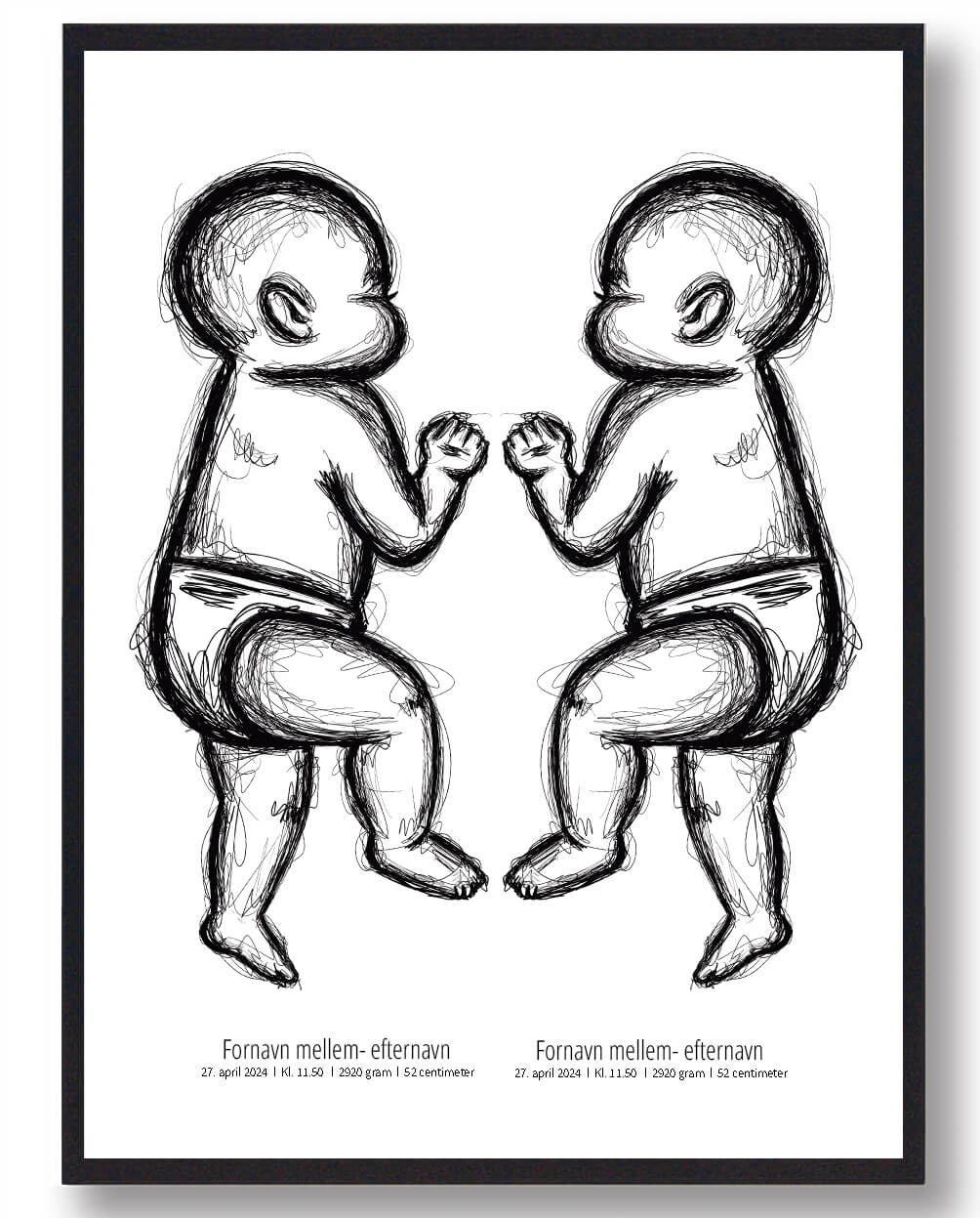 1:1 Fødselsskitse Med 2 Børn Grov Streg