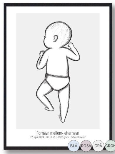 Fødselsplakat i størrelsesforholdet 1:1. Motivet er en baby, der er tegnet om stregtegning på en grå baggrund