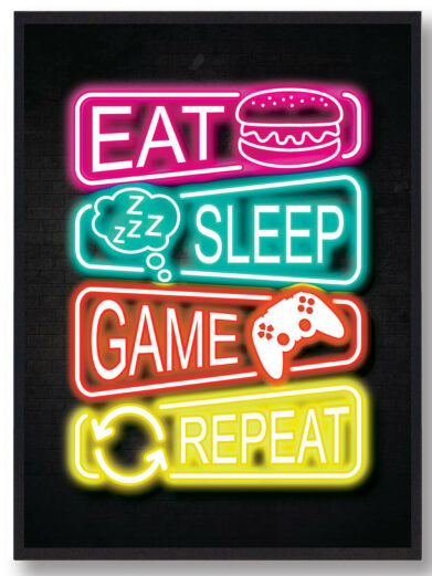Eat, sleep, game, repeat - neon gamerplakater