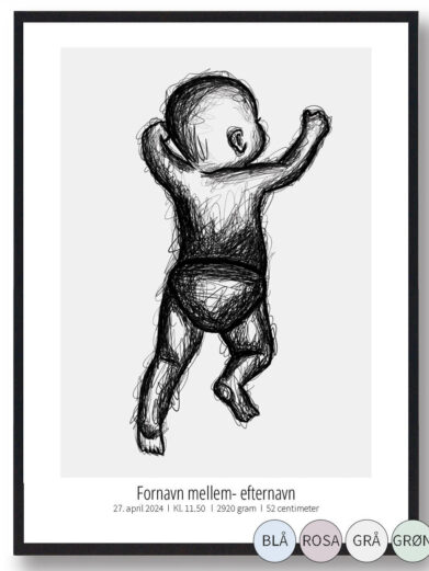 Fødselsplakat med baby på grå baggrund.
