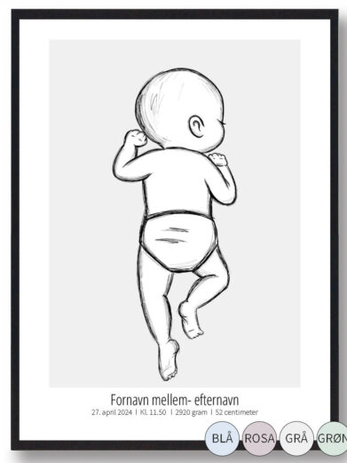 Moderne fødselsplakat med grå baggrund. Babyen har drejet sit hoved mod højre.