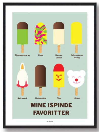Gratis isplakat til børn med illustrationer af forskellige ispinde, perfekt til børneværelset. Download og print!