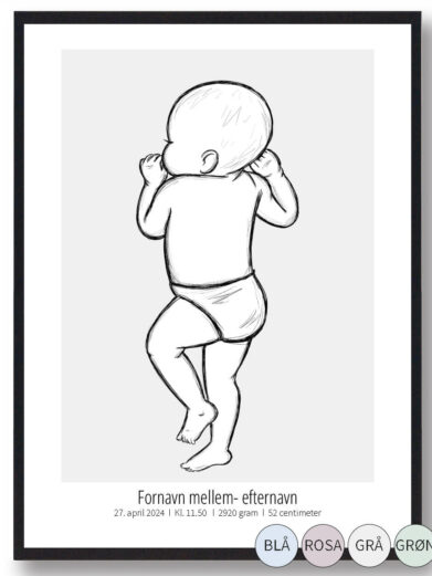 Simpel fødselsskitse i 1:1. Babyen har sin hund oppe ved munden.
